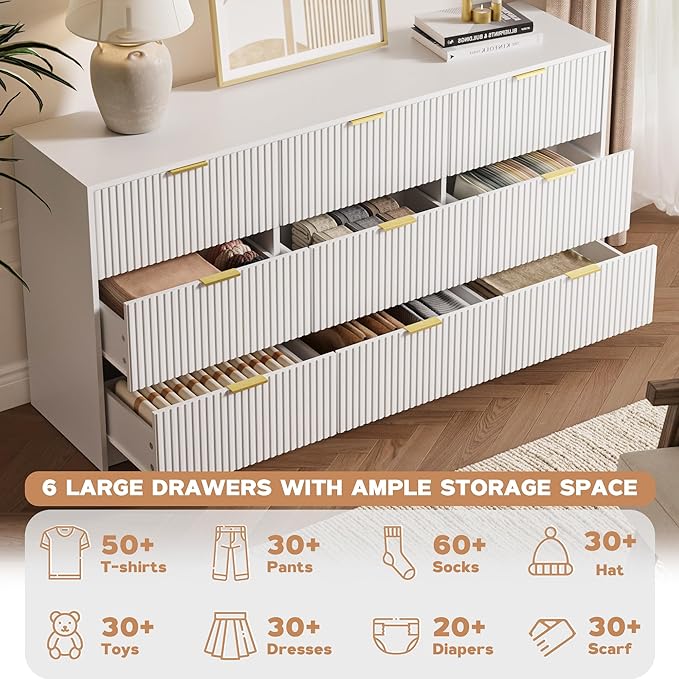 3-Piece Dresser Bedroom Set, 9 Drawer Dresser & 3 Drawer Nightstands with Gold Handles, Fluted Wood Chest of Drawers for Bedroom, Living Room, Entryway, White