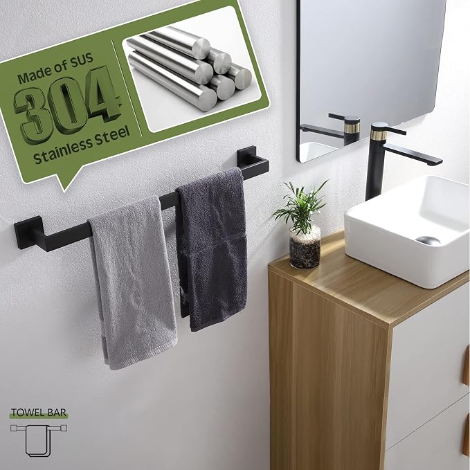 KOKOSIRI 24-Inch Single Towel Bar, Bathroom Kitchen Towel Holder, Wall Mounted SUS304 Stainless Steel Towel Rack, Matte Black, B4003BK-L24
