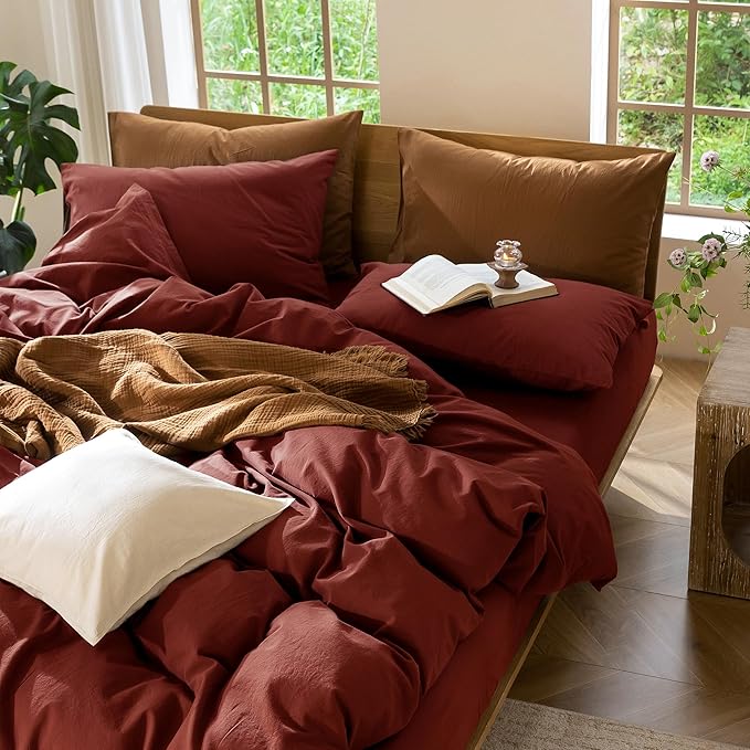 MooMee Bedding Duvet Cover Set 100% Washed Cotton Linen Like Textured Breathable Durable Soft Comfy (Solid Fired Brick Red, Full 80"x90")