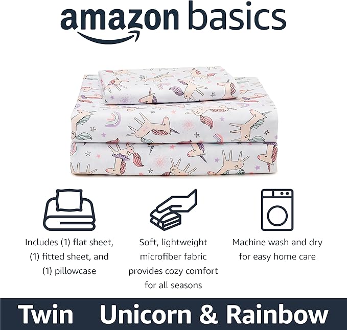 Amazon Basics Microfiber Kids' Sheet Set with Pillowcase, 3 Piece, Twin, Unicorn and Rainbow