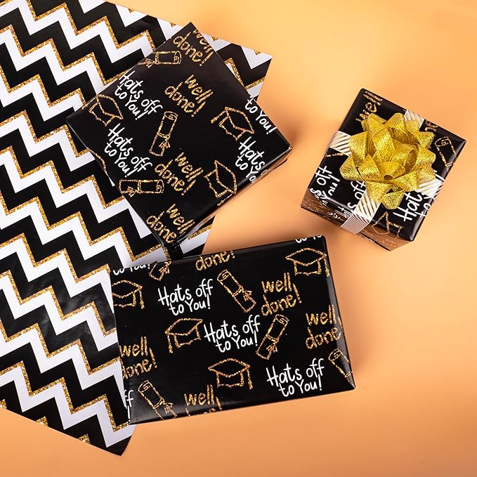 Altarho Reversible Graduation Wrapping Paper Set Rolls Black Gold Trencher Cap and Wavy Stripes Gift Wrap Sheets for Party Celebration Annusarily Back to School Total 28.5sq.ft