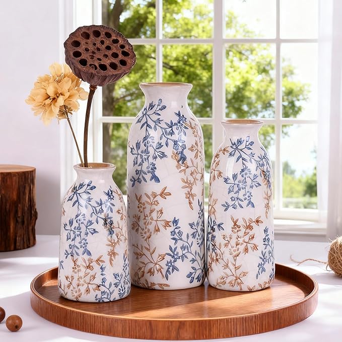 Ceramic Vase Set of 3, Blue and Beige Vintage Floral Glazed Vases for Home Decor, French Country Rustic Farmhouse Style Flower Vases, Grandmillennial Table Centerpiece for Living Room or Kitchen