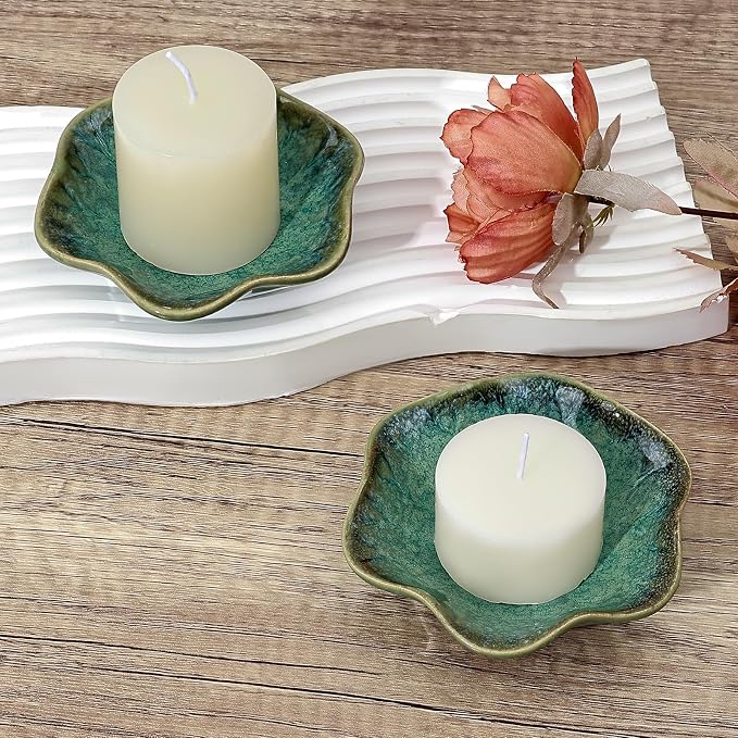 Koythin 2-Piece Ceramic Candle Holder, Aesthetics Candlestick Holders for Tea Lights, Lotus Leaf Shape Candle Stand for Mantle Table, Adorable Vintage Decor for Weddings Dining (Green)