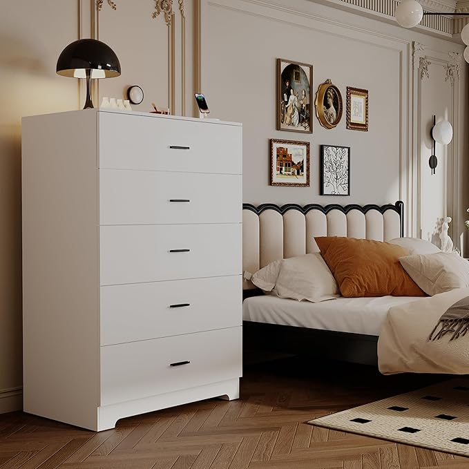 Dresser for Bedroom with Power Outlets Wood 5 Drawer Dresser with Large Storage Space White Chest of Drawers with Smooth Metal Rail Tall Storage Organizer for Bedroom Living Room Closet