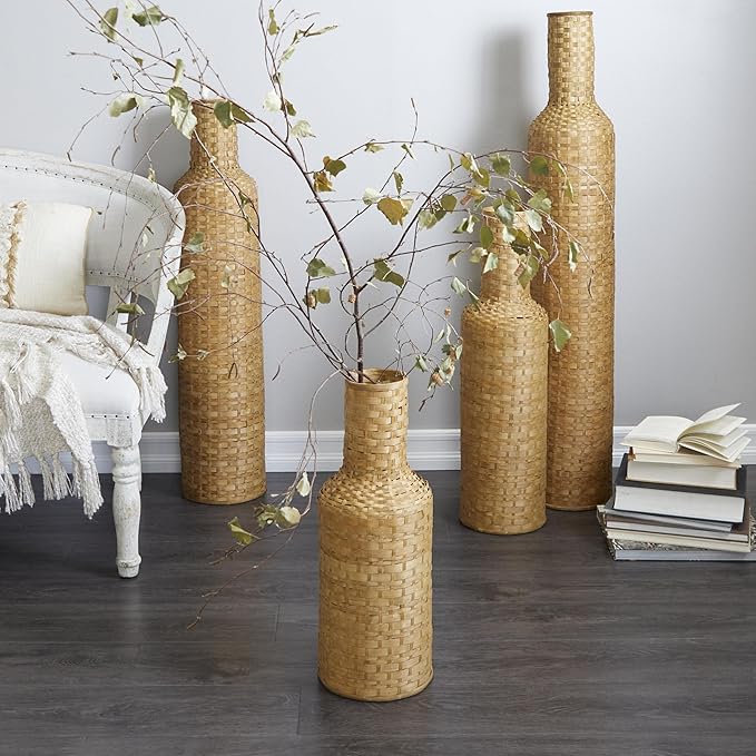 Deco 79 Bamboo Wood Decorative Vase Tall Woven Floor Centerpiece Vase, Vase for Home Decoration 8" x 8" x 22", Brown