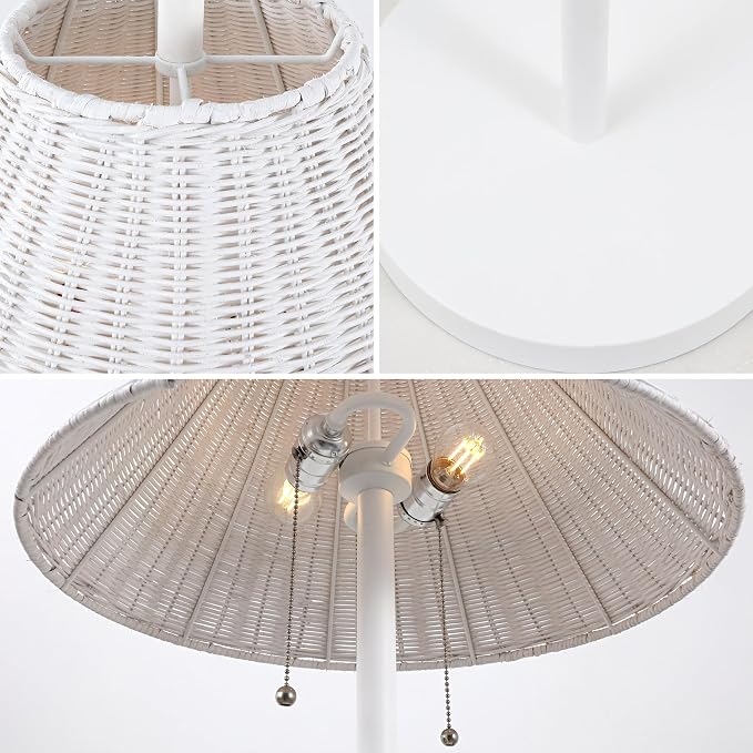 JONATHAN Y 61" White 2-Light Coastal Bohemian LED Floor Lamp for Living Room, Brown Rattan Shade, Mid-Century Modern Tall Standing Lamp, Pull-Chain, LED Bulbs Included (JYL3092B)