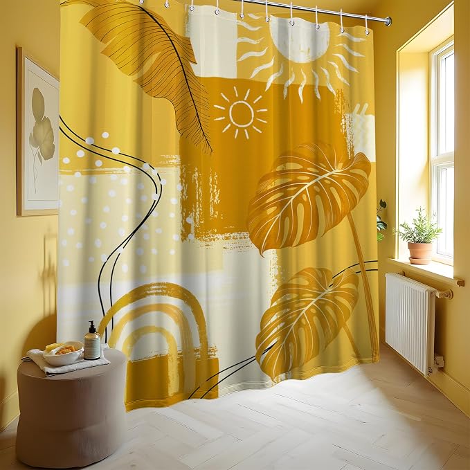 Extra Tall Shower Curtain XL Boho Mid Century Modern, 70 x 78 Inchs | for Extra Long 78 Inchs Shower, Yellow Abstract Pattern Design, Large Bathroom Decor Sets Waterproof Cloth Fabric, with Hooks