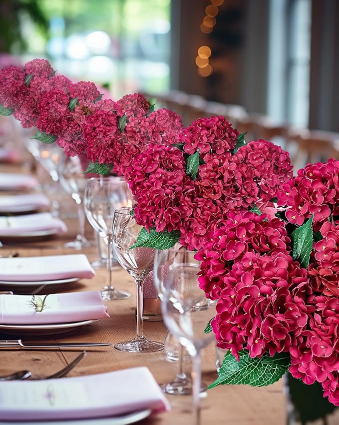6PCS Premium Red Hydrangea Artificial Flowers Bouquets, Red Silk Hydrangea Flowers Heads with Stems, Fake Hydrangeas Flowers Arrangement, Faux Hydrangea Decor for Home Wedding Party Baby Shower