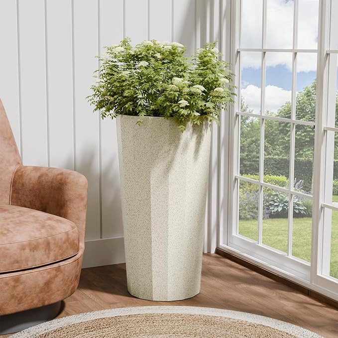 23.6" Tall Outdoor Planters Set of 2, Large Planters for Outdoor Plants for Porch Decor with Drainage Hole, Wide Stripe Design Porch Flower Pots for Indoor Pot Patio/Garden, Off White