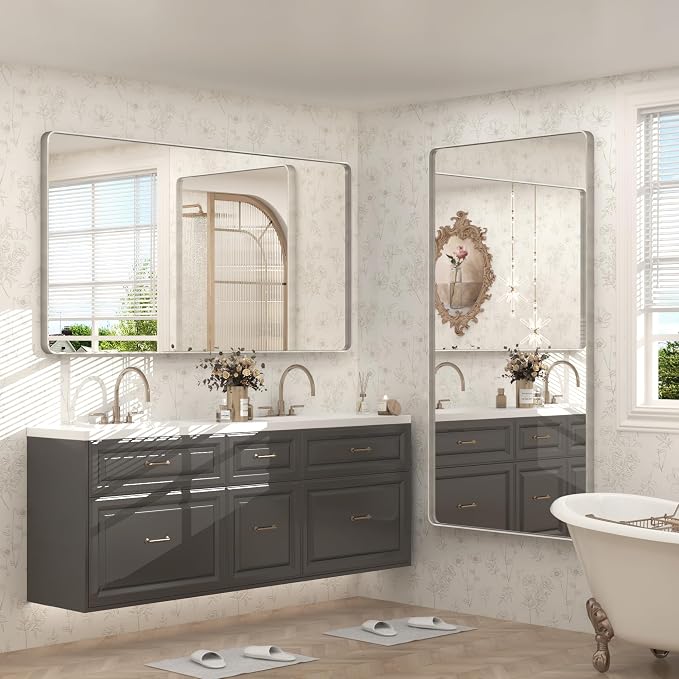 66x36 Inch Silver Bathroom Mirrors for Vanity, Brushed Nickel Metal Silver Framed Bathroom Mirror for Wall, Rounded Rectangle Silver Mirror, Anti-Rust, Shatterproof (Horizontal/Vertical)