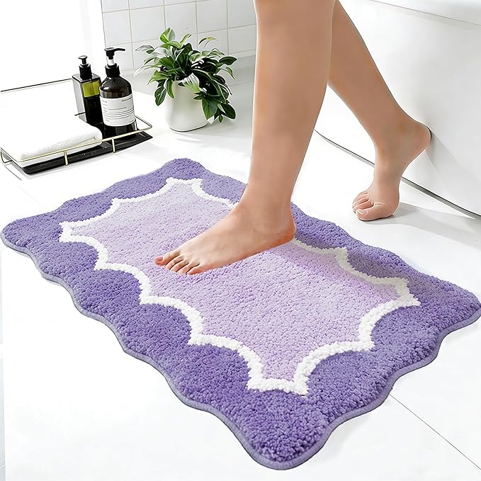 Cute Scalloped Purple Bathroom Rugs Mat,Non Slip Absorbent Quick Dry Bath Mats for Shower Room,Microfiber Bath Mats for Bathroom Floor Washable Carpet for Shower Tub Sink Bedroom,16"x24"