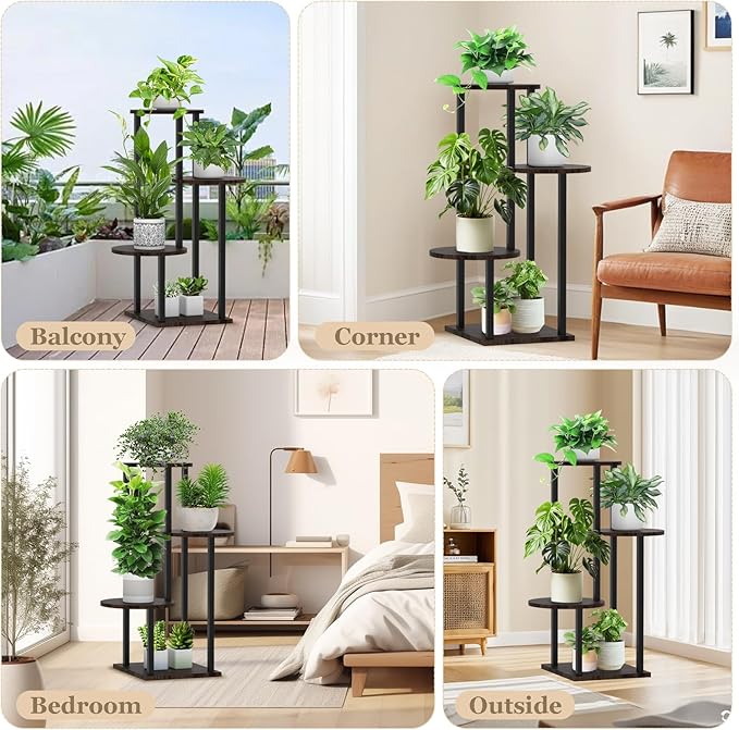 4 Tier Plant Stand Indoor, Metal Wooden Tall Plant Shelf Flower Pot Stand for Multiple Plants, Corner Flower Holder Plant Display Rack for Living Room Balcony Patio Garden (Black)