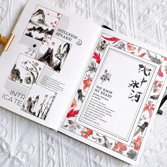 WT Ink Tranquility Washi Tape Sticker Set, 4 Rolls, Original Designs, Eastern Watercolor Koi Fish, Black & Red, Silver Foil Decorative Stickers for Bujo, Planner, Journals, DIY Crafts