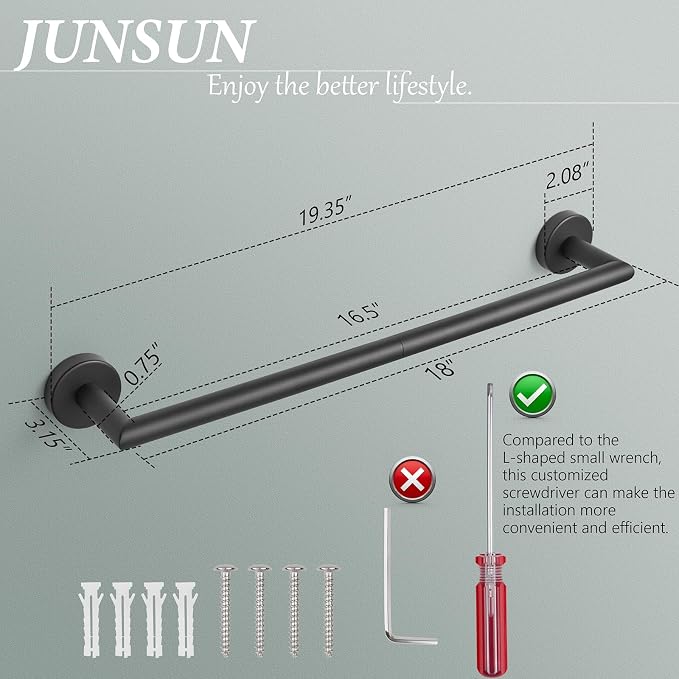 Black Towel Bar 18 Inch Bathroom Towel Racks Wall Mounted Bath Towel Holder Modern Home Decor Towel Rod Bath Towel Hanger Stainless Steel Bathroom Accessories Towel Rail Single Towel Bars Matte Black