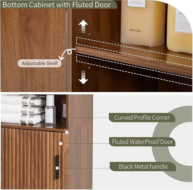 Bifins 68" Tall Bathroom Storage Cabinet,Narrow Fluted Tower Cabinet with Door and Shelves,Slim Space Saving Storage Unit for Bathroom Kitchen Living Room (Walnut, 11.8" D x 15.75" W x 68" H)
