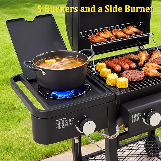 Unovivy 5-Burner Propane Gas Grill and Griddle Combo with Side Burner, BBQ Grills with Built-in Thermometer, 56,000 BTU Barbecue Grill, Oil Tray, Outdoor Patio Garden
