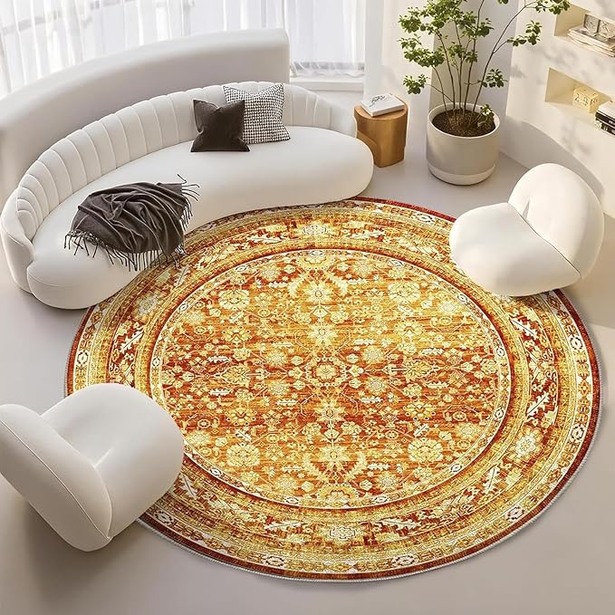 OPPODREAM Vintage Orange Round Rug 6ft, 6 ft Retro Washable Circle Rug Non Slip, Low-Pile Faux Wool Circular Carpet, Distressed Floor Mat for Living Room, Bedroom, Office, Dorm, Dinning Room