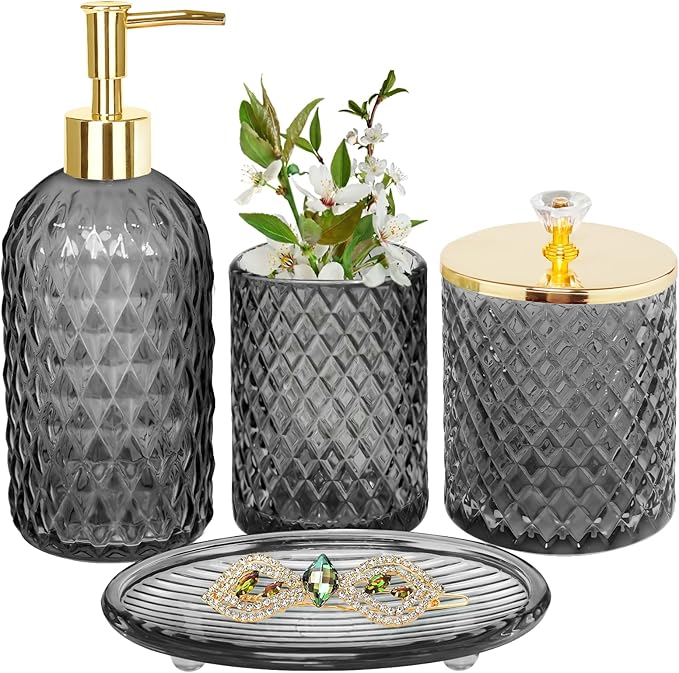 Haturi Gray Glass Bathroom Accessories Set, 4-Piece - Lotion Soap Dispenser, Toothbrush Holder, Cotton Swab Jar & Soap Dish – Elegant Gold Accent for Countertop & Housewarming Gift