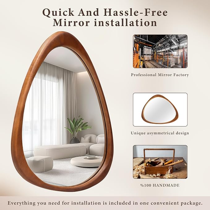 24''x19'' Asymmetrical Mirror with Wood Frame, Small Irregular Wall Odd Shaped Mirror Mid Century Modern Decor for Bedroom Living Room Entryway Hall