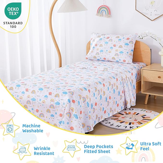 Viviland 3 Pieces Girls Rainbow Twin Sheet Set - Soft Microfiber Fitted Flat Sheets & Pillowcase - Colorful Cloud Bedding Sets - for Kids & Toddlers