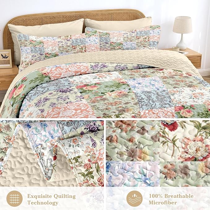 Quilt Set King Size, Vintage Patchwork Floral 3 Pcs Soft Bed Cover Bedding Set, Boho Mid Century Lightweight Bedspread Coverlet with 2 Pillow Sham for All Season