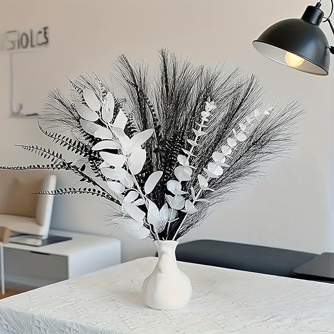 Black and white artificial bouquet in minimalist Nordic style, featuring artificial eucalyptus leaves and pampas grass for home decor, perfect as a centerpiece for hotel desks or dining tables.
