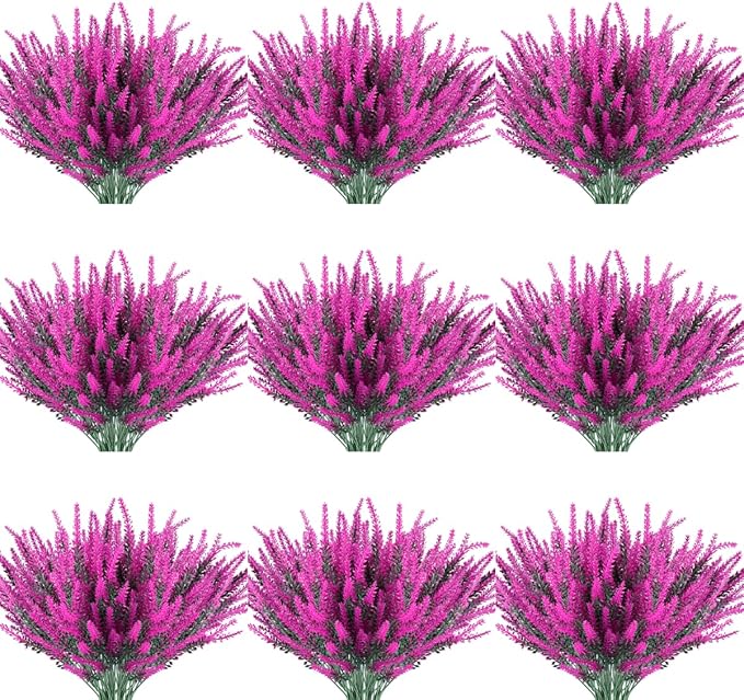 20 Bundles Artificial Lavender Flowers Outdoor UV Resistant Fake Flowers No Fade Faux Plastic Plants Garden Porch Window Box Decorating(Classic Fushia)