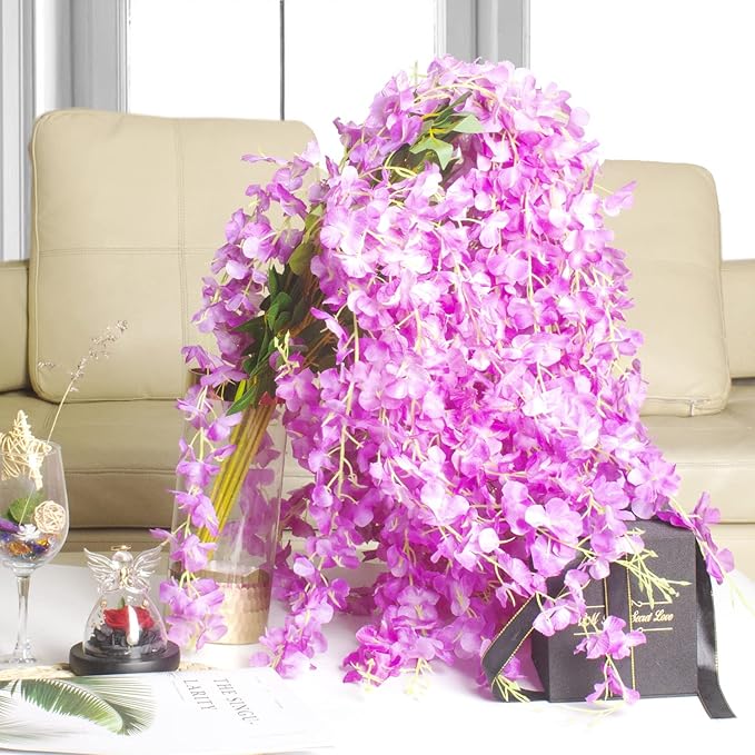 12 Pack Artificial Flowers Silk Wisteria Vine Ratta Hanging Flower (Purple)