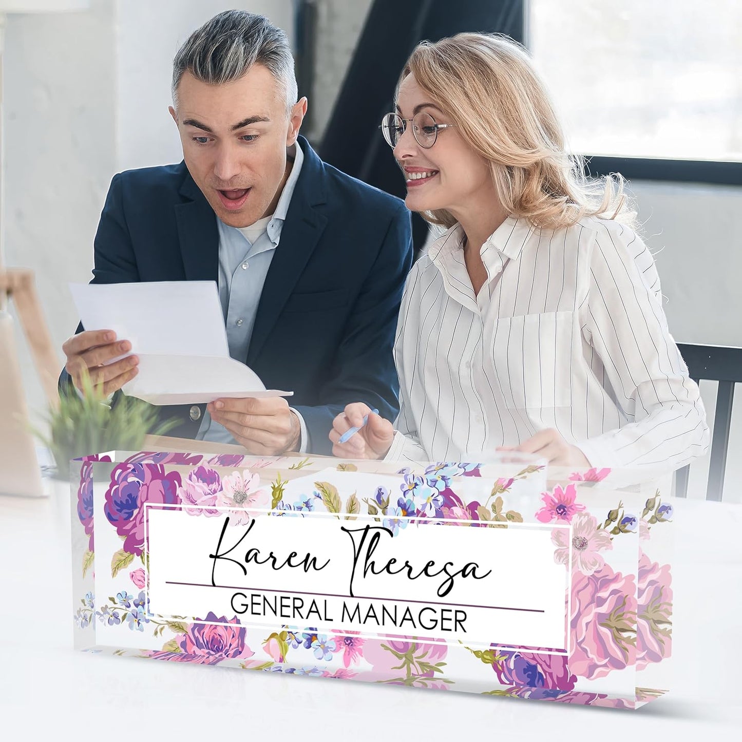 Skiennix Custom Office Name Plate - Personalized Desk Gift for Women, Employees & Teachers | Hundred Flowers Design