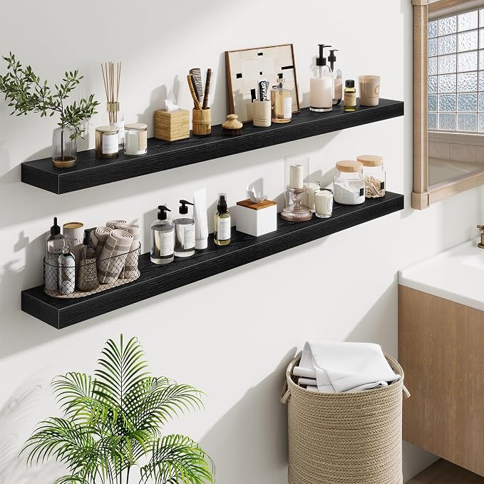 Fun Memories 55 Inch Floating Shelves Bedroom, Large Extra Floating Shelf Set of 2 with Invisible Brackets, Black