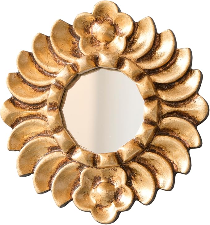 Peruvian Accent Mirror 6" - Small Round Gold Wall Decor - Hand-Carved Sunburst Mirror with Bronze Leaf - Unique (Gold)