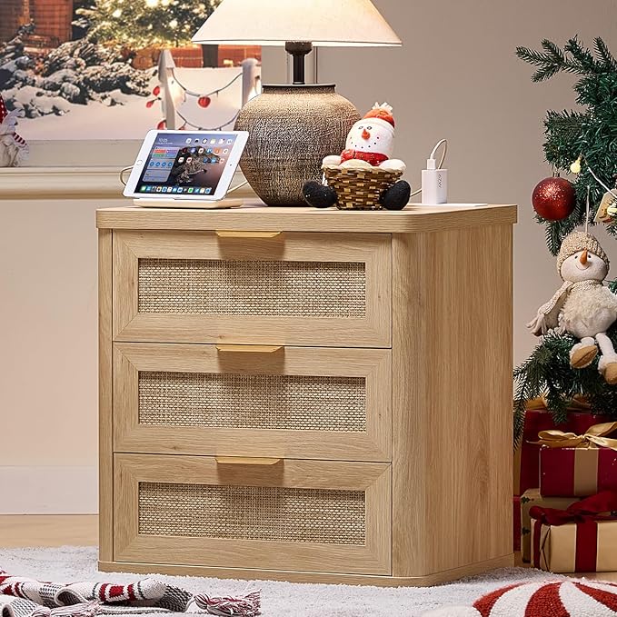 LEYAOYAO Rattan Night Stand with Charger Station, 23" Large 3 Drawer Boho Nightstand, Natural Wood Bedside Table Storage Cabinet, Bed Side End Tables for Bedroom, Living Room, Hallway