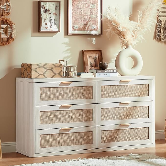 LEYAOYAO Rattan 6 Drawer Dresser for Bedroom Set of 2, Boho 54" Wide White Dresser Chest of Drawers, Dressers TV Stand with Metal Handle, Storage Dressers Closet Organizer for Living Room, Hallway