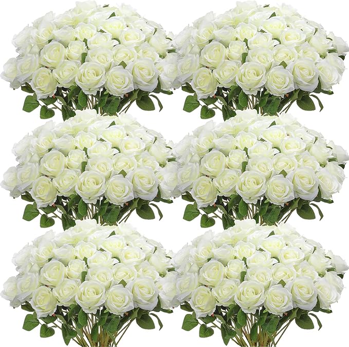 Jexine 50 Pcs Artificial Rose Flower Bulk Realistic Silk Fake Roses with Long Stem Plastic Artificial Flower Bouquet Real Looking for Home Wedding Centerpieces Party Decoration(White)