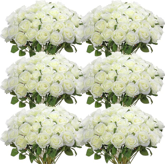 Jexine 50 Pcs Artificial Rose Flower Bulk Realistic Silk Fake Roses with Long Stem Plastic Artificial Flower Bouquet Real Looking for Home Wedding Centerpieces Party Decoration(White)