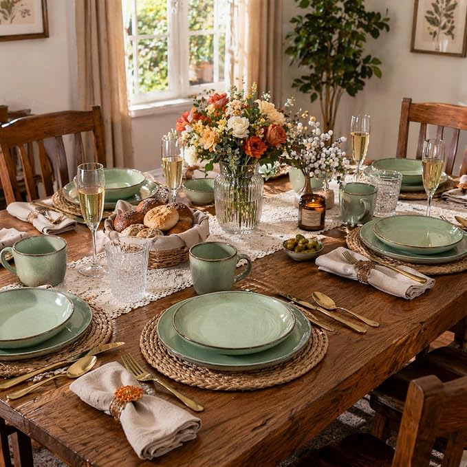 GBHOME Ceramic Dinnerware Sets for 8, 24 Pieces Stoneware Plates and Bowls Sets, Scratch Resistant Dishes, Dishwasher & Microwave Safe-Pastel Green