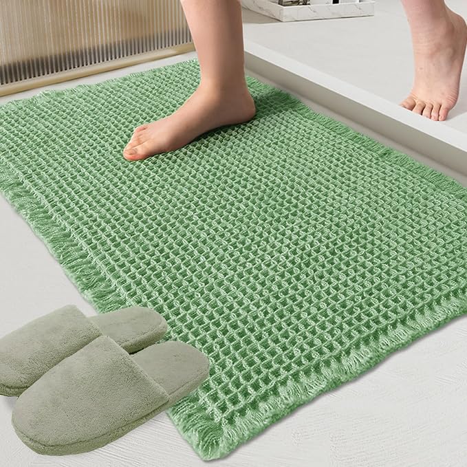 ZALL Sage Green Waffle Bath Mat,Super Absorbent Non Slip Bathroom Rug, 24x36inch, Machine Washable Ultra Soft Floor Mats