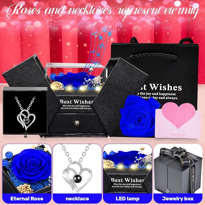 Christmas Birthday Gifts for Women - Preserved Real Rose with I Love You Heart 100-Language Necklace, LED Lights & Music Gift Box, Christmas for Women Girlfriend Mom