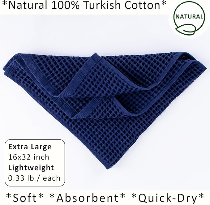 PÜSKÜL Natural 100% Turkish Cotton Waffle Kitchen Towels Set of 3 | Oeko-Tex, Premium Waffle Hand Towels for Bathroom | Soft Absorbent Quick-Dry Lint-Free Dish Towel Large 32x16 inch (3, Navy Blue)