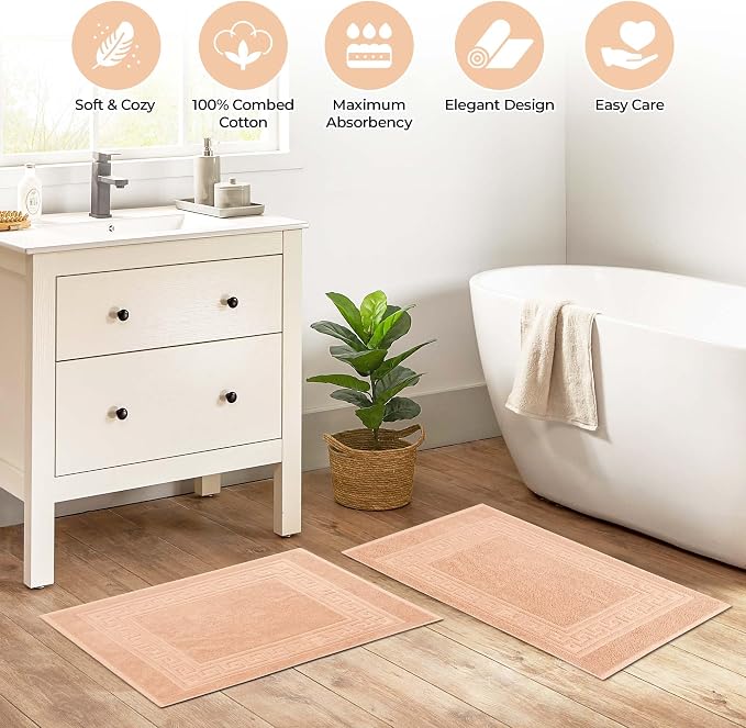 Superior Heavyweight Cotton Bath Mats, Bath Rugs For Bathroom Accessories, Washable Rug For Shower, Bath, Toilet, Modern Decor, No Backing, Luxury Hotel And Spa Quality, Set of 2, 22" x 35", Peach