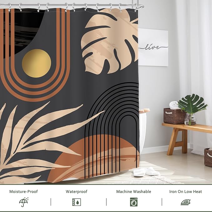 Glawry Black Boho Mid Century Shower Curtain Abstract Beige Leaves Minimalist Simple Aesthetic Arch Sun Modern Bathroom Botanical 72Wx72L Inches Bath Accessories Art Home Decor Fabric 12 Pack Hooks