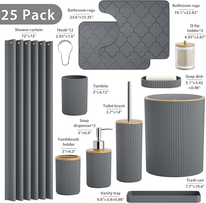 Gray Bathroom Accessories Set, 25 Pcs Bathroom Decor Set with Shower Curtain, Rugs, Trash Can, Soap Dispenser, Toothbrush Holder, Tumbler, Soap Dish, Storage Jars and Hooks for Guest Bath