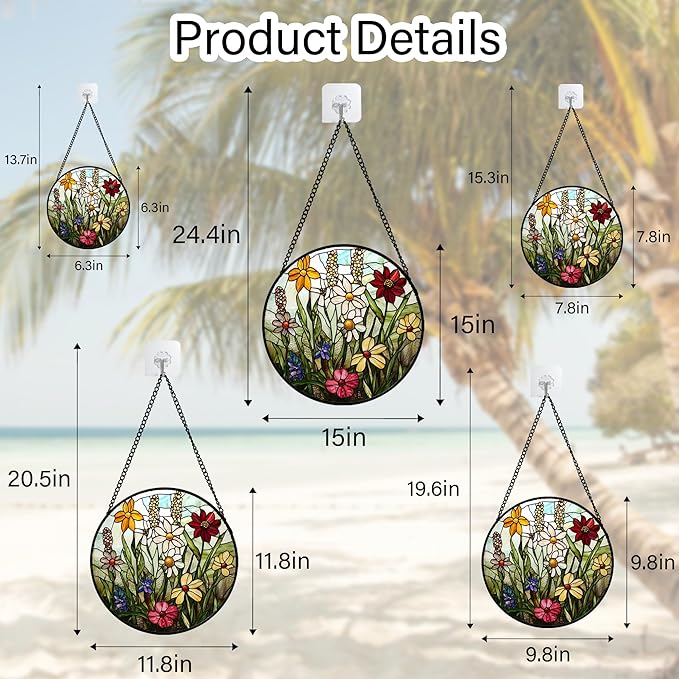 Stained Glass Window Hanging, Colorful Wildflowers Plant Scenery Suncatcher for Doors Window Home White Green Sun Catchers Decor Mother's Day Birthday Gifts for Women, Men Mom 6.3 in