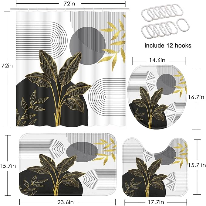 Boho Grey and Gold Shower Curtain Set with Toilet Lid Cover and Non-Slip Rugs, Mid Century Modern Abstract Minimalist Leaves Neutral 4 Pcs Shower Curtain for Bathroom Set with 12 Hooks