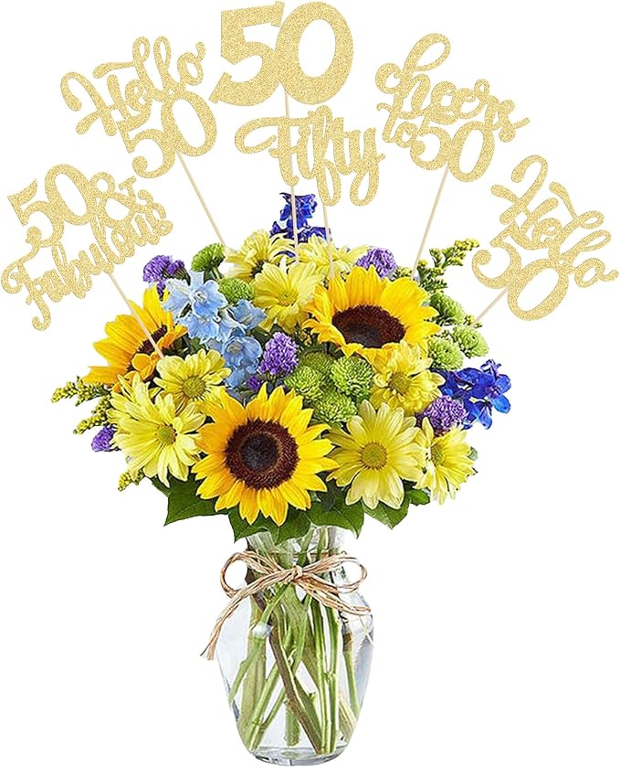 Gyufise 15Pcs 50th Birthday Centerpiece Sticks Fifty Happy 50th Table Flower Centerpieces Sticks Cheers to 50 Floral Decorations for 50th Birthday Party Centerpieces Supplies Gold