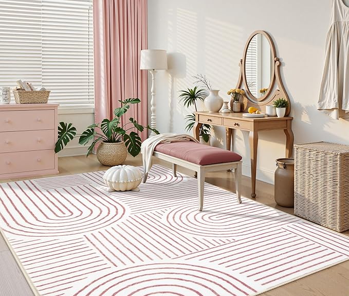 Lahome Abstract 8x10 Area Rugs, Soft Washable Rugs 8x10 Living Room Pink Rugs for Bedroom Dining Room, Ultra-Thin Carpet for Office Dining Room Darrell (8x10ft,Pink/White)