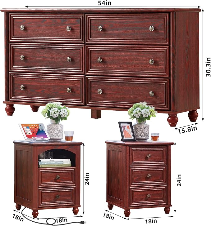 Dressers & Night Stand Set of 3, Wood 54'' Wide Dresser & 18'' Chest of Drawers, Roman Column 2 & 3 Drawer Nightstand Set of 2, Furniture 6 Drawer Dresser Suites for Bedroom Living Room, Hallway, Home