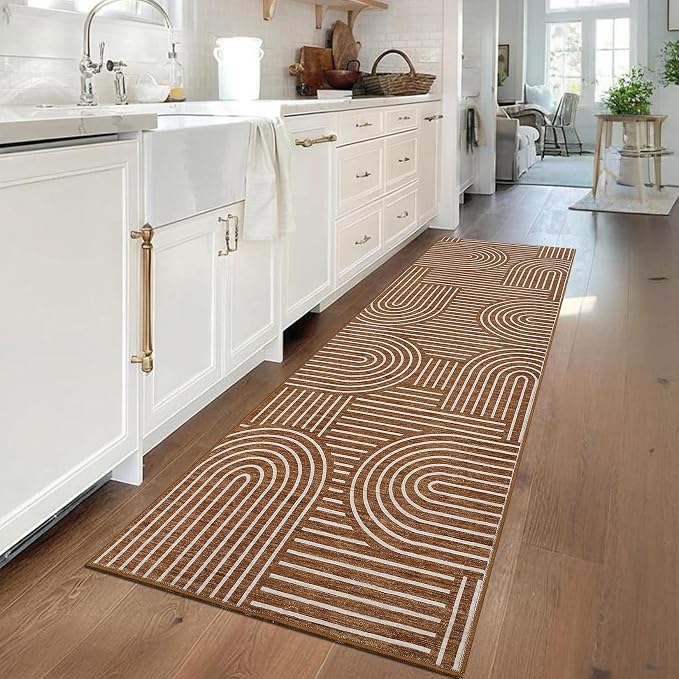 Washable Brown Runner Rug 2x6 Non Slip Bathroom Rugs Non Shedding Abstract Lines Runners for Hallway Low Pile Kitchen Rugs Soft Bedside Rug Runner for Kitchen Hallway Entryway, Brown