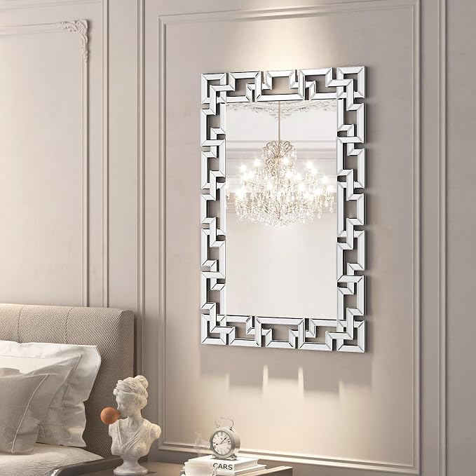 KOHROS Large Decorative Rectangle Mirror for Wall Decor Art Grecian Venetian Mirror (Silver, 36" L x 24" W)