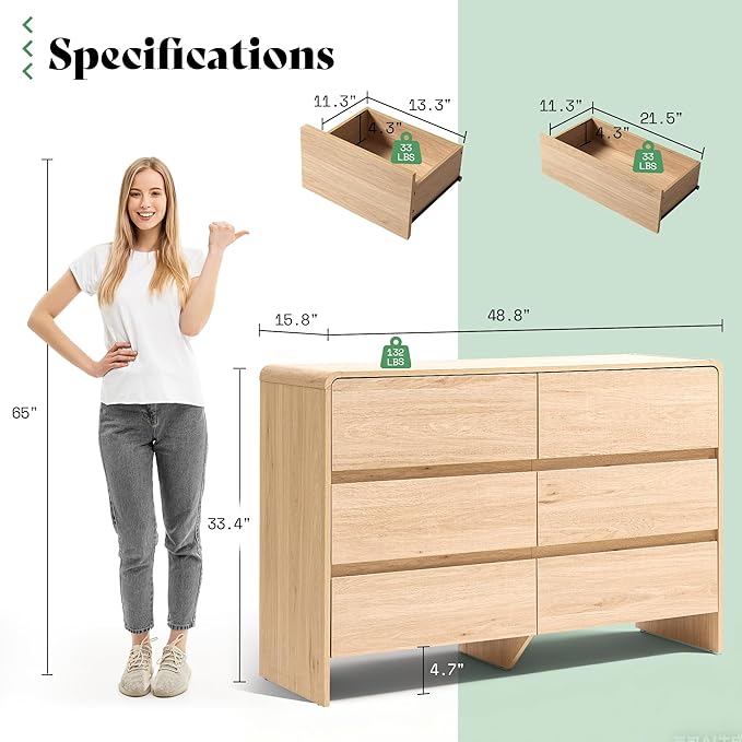 AMERLIFE 7 Drawer Dresser for Bedroom, 49" Wide Modern Chest of Storage Drawers with Rounded Corners, Anti-Tip Kit, Wood Cabinet Organizer for Closet, Apartment, Nursery, Easy Assembly, Light Oak